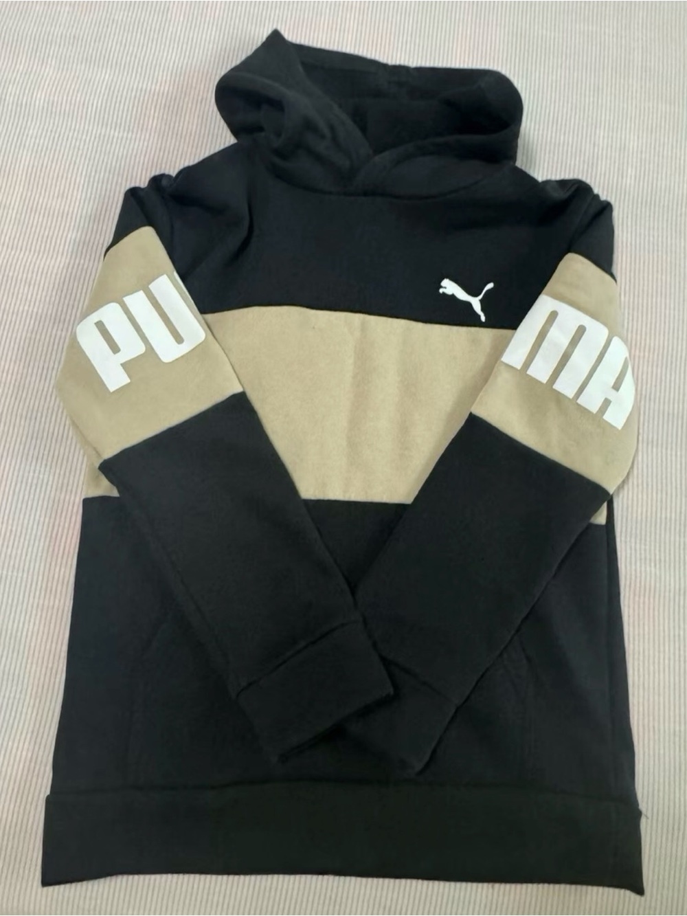 Puma Men’s Black and Tan Colorblock Hoodie with White Logo